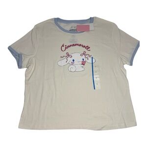 Sanrio Cinnamoroll Ringer Tee Women’s Large Juniors Fit Cream Blue Kawaii NWT